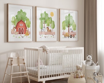Farm Animal Nursery Prints: Horse, Cow, Chicken Art (Unframed Set of 3)