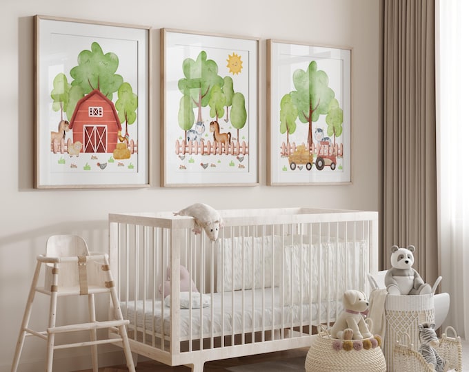 Farm nursery wall art prints | Farm nursery decor | Barn animal prints | unframed set of 3 nursery prints | Horse and cow prints | Baby Gift