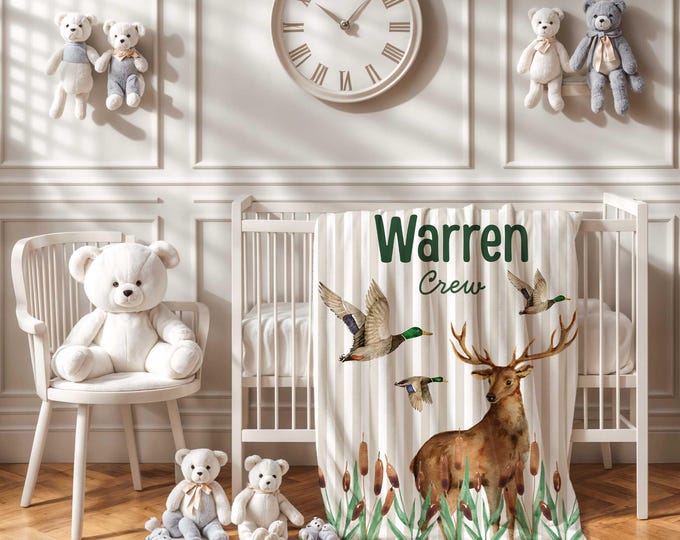 Personalized Hunting Baby Blanket, Deer and Duck Hunting Nursery Decor, Newborn Baby Boy Blanket, Custom Baby Shower gift, Baby boy blanket
