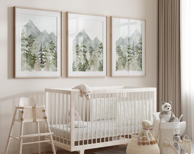 Mountain Nursery Wall decor, Green mountain and pine tree forest nursery wall art prints, set of 3 prints, Gender Neutral Nursery, Woodland