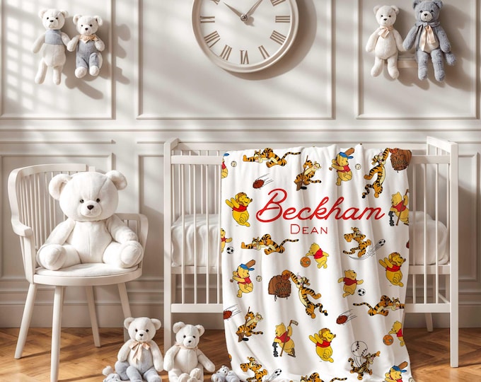 Personalized Winnie the Pooh Baby Blanket: Sports Themed Nursery Decor