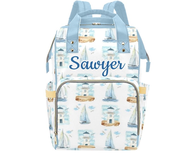 Nautical Backpack Diaper Bag, Lighthouse Diaper Bag, Sailboat Diaper Bag, Baby Shower Gift, Baby Accessory, Personalized Diaper Bag, blue