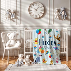 Personalized Winnie the Pooh Baby Blanket: Blue Nursery Decor