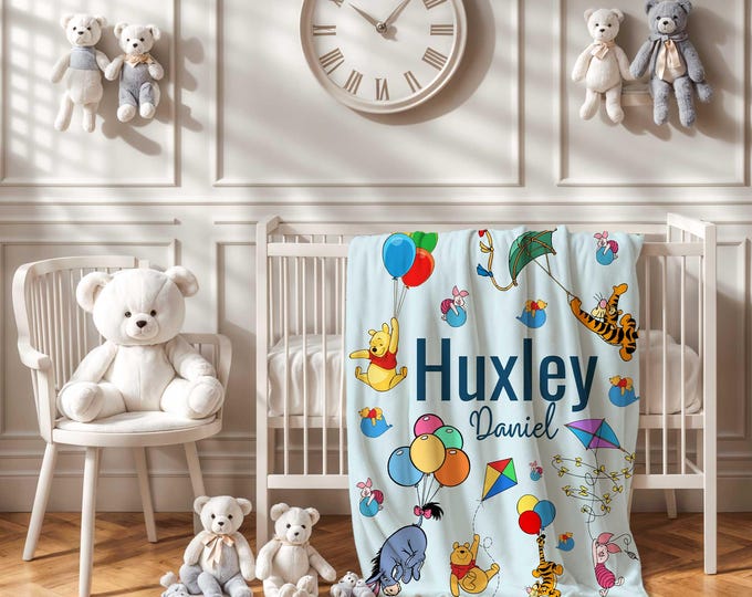 Personalized Winnie the Pooh Baby Blanket | Winnie the Pooh Bear Nursery Theme | Blue Baby Blanket | Baby Boy Pooh Crib Blanket | Baby Gift