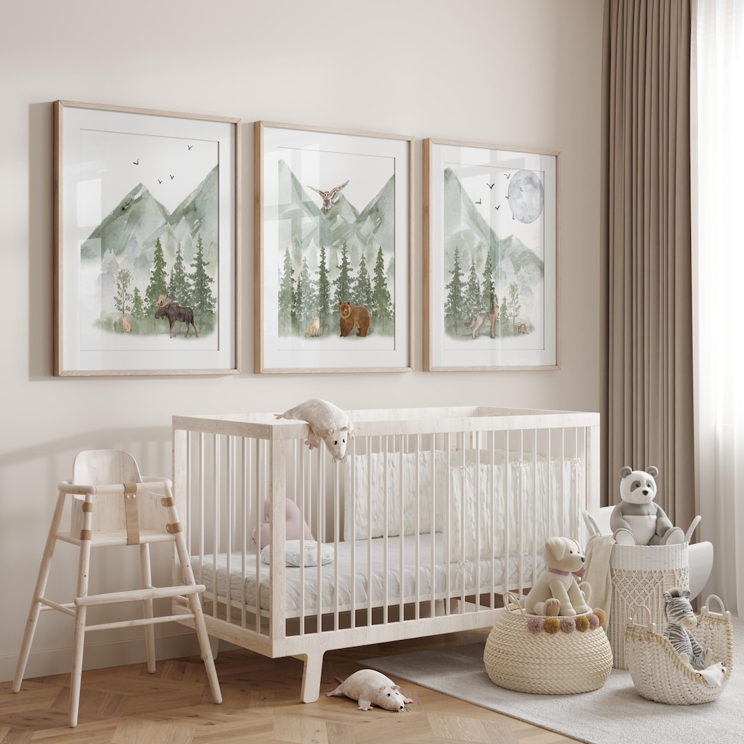 Woodland Nursery Prints: Green Mountain Animal Art, Set of 3