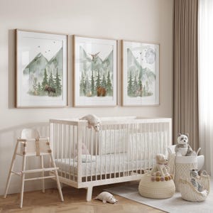 Green Mountain Nursery Wall Art Prints, Woodland Nursery decor, Mountain Nursery Decor, Moose, Bear and Wolf Nursery Prints, Set of 3 prints
