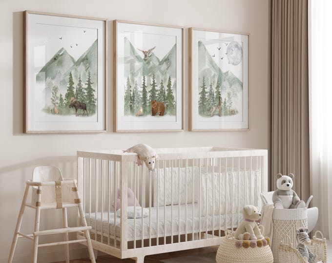 Green Mountain Nursery Wall Art Prints, Woodland Nursery decor, Mountain Nursery Decor, Moose, Bear and Wolf Nursery Prints, Set of 3 prints