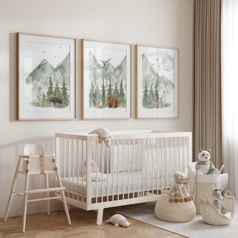 Green Mountain Nursery Wall Art Prints, Woodland Nursery decor, Mountain Nursery Decor, Moose, Bear and Wolf Nursery Prints, Set of 3 prints