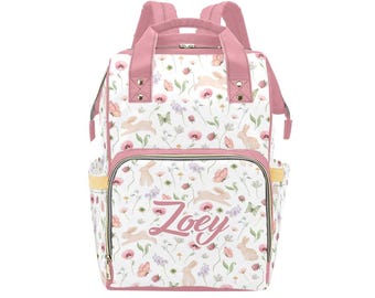 Gepersonaliseerd roze konijntje met bloemenpatroon luierrugzak, cadeau babyshower