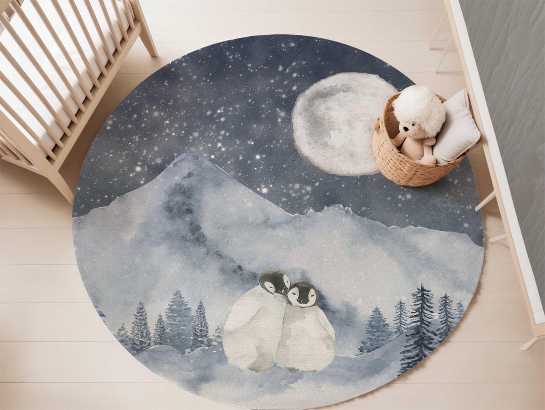 Arctic Nursery Area Rug, 5-foot Round Area Rug, Penguin Nursery Rug ...