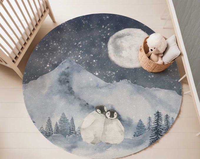 Arctic nursery area rug, 5-foot Round Area rug, Penguin nursery rug, Carpet for kids' bedroom, Arctic Night nursery rug, Blue Nursery Decor
