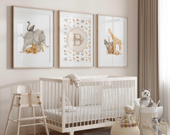 Safari Animal Nursery Decor, Jungle Nursery Wall Art Prints, Set of 3 Prints, Safari Truck Nursery Art Prints, Personalized Nursery Art