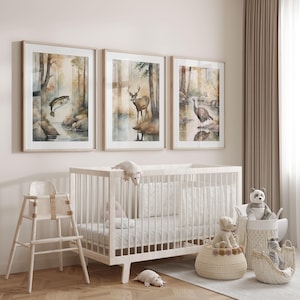 Aquarel bos dierenkwekerij prints: kalkoen, hert, vis - set van 3