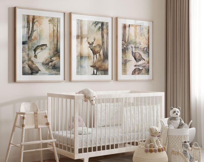 Watercolor turkey, deer & fish nursery wall decor, hunting and Fishing nursery prints, Deer nursery Prints, Set of 3 prints, Boy Room Decor