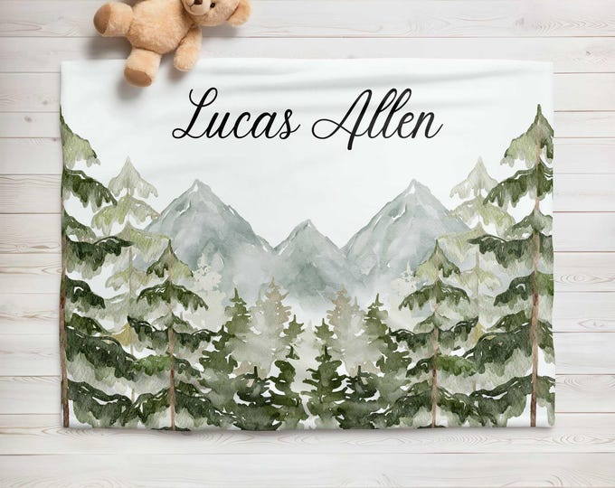 Personalized Mountain Forest Nursery Blanket: Green Woodland Baby Blanket