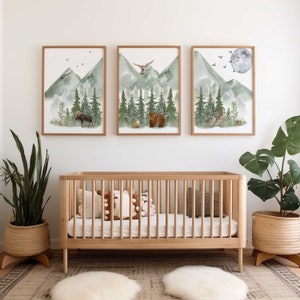 Green Mountain Nursery Wall Art Prints, Woodland Nursery decor, Mountain Nursery Decor, Moose, Bear and Wolf Nursery Prints, Set of 3 prints