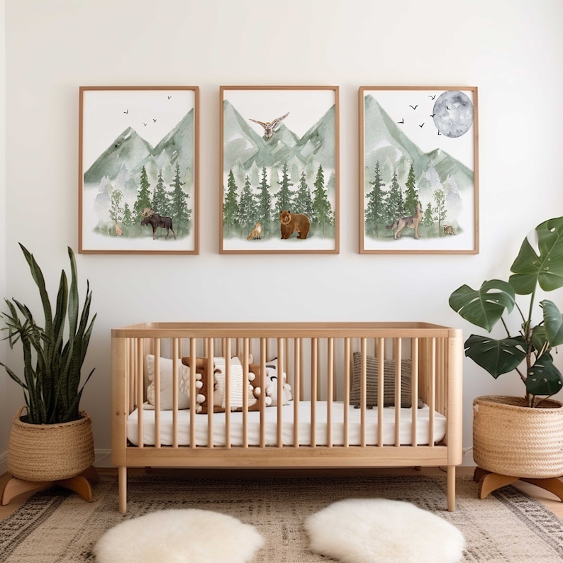 Green Mountain Nursery Wall Art Prints, Woodland Nursery decor, Mountain Nursery Decor, Moose, Bear and Wolf Nursery Prints, Set of 3 prints