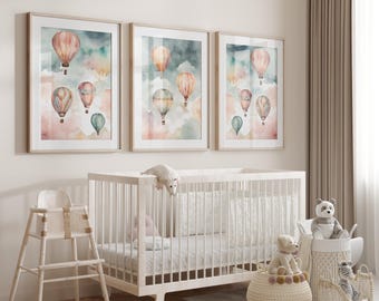 Hot Air Balloon nursery wall decor | Hot air balloon nursery prints | Watercolor sky nursery wall art | Set of 3 watercolor nursery prints