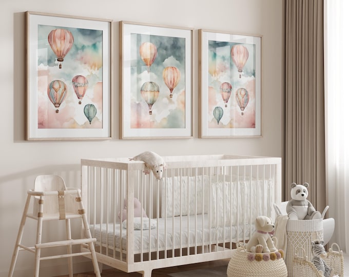 Hot Air Balloon nursery wall decor | Hot air balloon nursery prints | Watercolor sky nursery wall art | Set of 3 watercolor nursery prints