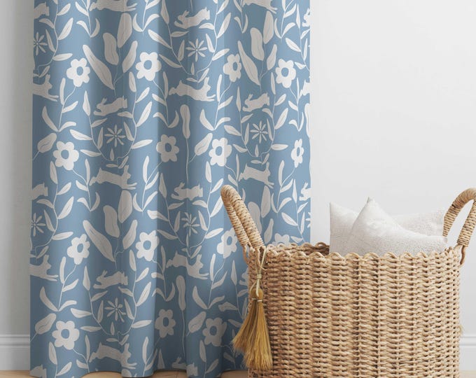 Blue Floral Bunny Nursery Curtains, Bunny Rabbit Nursery Decor, Kids Bedroom Curtains, Room Darkening Curtains, Woodland Nursery Curtains