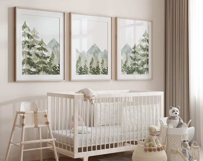 Green Mountain Nursery Wall Art Prints, Woodland Nursery Prints, Mountain Forest Nursery Decor, Watercolor Nursery Prints, Baby Shower Gift