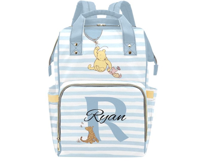 Winnie the Pooh Backpack Diaper Bag, Blue Stripe Diaper Bag, Personalized Boy Diaper Bag, Baby Shower Gift, Pooh Nappy Bag, Tigger Bag