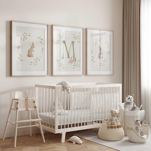 Decorazione murale per cameretta dei bambini Bunny Rabbit, stampe per cameretta dei bambini Rabbit, stampe iniziali personalizzate per cameretta dei bambini, set di 3 stampe, decorazione per cameretta dei bambini Bunny Green