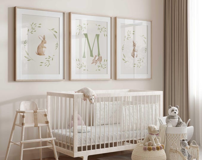 Bunny Rabbit nursery wall decor, Rabbit nursery prints, Personalized Initial nursery Prints, Set of 3 prints, green bunny Nursery Decor