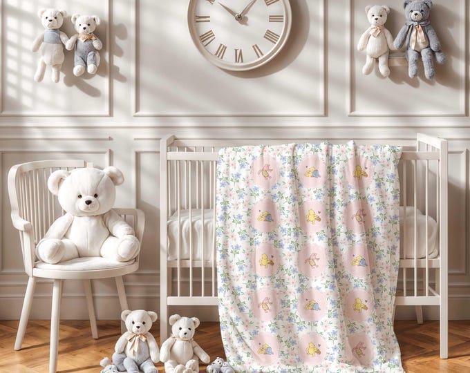 Pink Floral Winnie the Pooh Newborn Baby Blanket, Piglet, Eeyore, Pooh Baby Blanket, Baby Girl Baby Shower Gift, Pink Pooh Crib Blanket