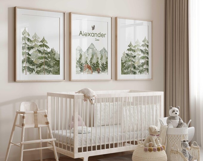 Personalized Woodland Nursery Decor: Rustic Mountain Canvas Prints, Set of 3