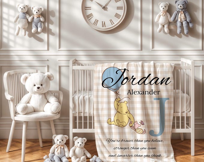 Personalized Winnie the Pooh Baby Blanket | Winnie the Pooh Bear Nursery Theme | Plaid Baby Blanket | Baby Boy Pooh Crib Blanket | Baby Gift