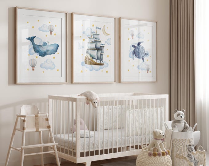 nautical nursery wall art prints, nautical nursery decor, nautical night sky nursery prints, sailboat nursery wall art, whale nursery decor