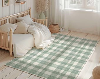 Green Plaid Nursery Area Rug, Plaid Rug for Kids Bedroom, Kids Carpet, Green Nursery Decor, Boy Nursery Area Rug, Gender Neutral Nursery