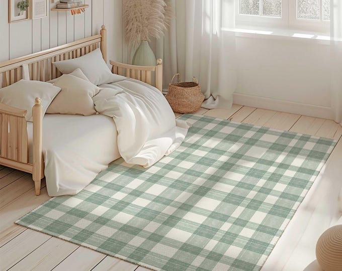 Green Plaid Nursery Area Rug, Plaid Rug for Kids Bedroom, Kids Carpet, Green Nursery Decor, Boy Nursery Area Rug, Gender Neutral Nursery