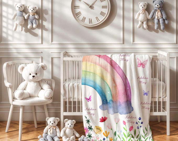 Personalized Rainbow Butterfly Garden Baby Blanket, Rainbow Nursery Decor, Baby Girl soft Blanket, Baby Shower gift, Rainbow Garden Rabbit