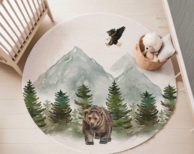 Bear nursery area rug, 5-foot Round Area rug, Mountain nursery rug, Carpet for kids' bedroom, Woodland nursery rug, Green Nursery Decor