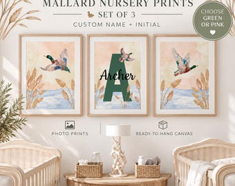 Personalized Mallard Duck Nursery Prints, Custom Name Initial, Woodland Baby Room Decor (Set of 3)