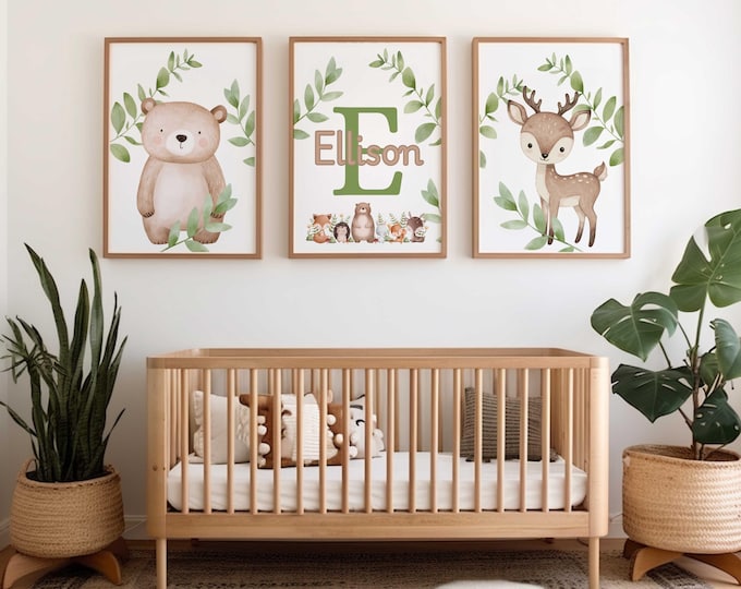 Personalized Woodland Nursery Prints: Bear and Deer Wall Art (Set of 3)