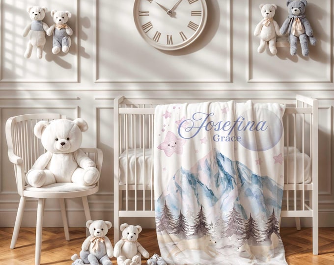 Personalized Purple Mountain Baby Blanket: Woodland Fox Nursery Decor