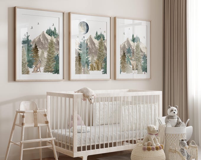 Woodland Animal Mountain Nursery Art Prints: Forest Wall Decor