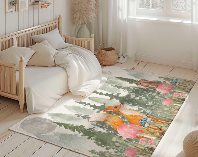 Mushroom forest Nursery Rug, Woodland Nursery Area Rug, Forest Nursery Carpet, Fox Nursery Decor, Area Rug for Kids Bedroom, Gift, Fox Rug