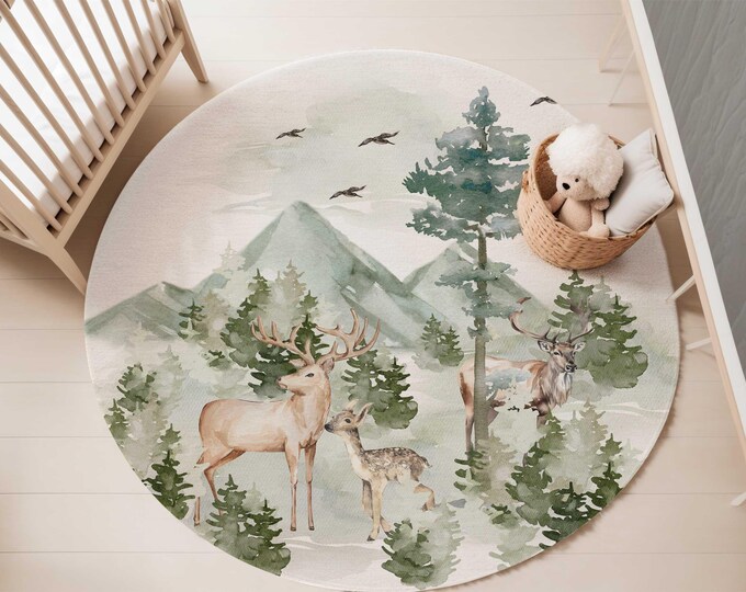 Deer nursery area rug, 5-foot Round Area rug, Mountain nursery rug, Carpet for kids' bedroom, Woodland nursery rug, Green Nursery Decor