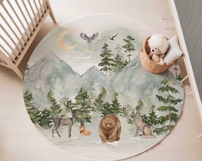 Mountain nursery area rug | 5-foot Round Area rug | Forest animal nursery rug | Carpet for kids' bedroom | Green Mountain nursery rug