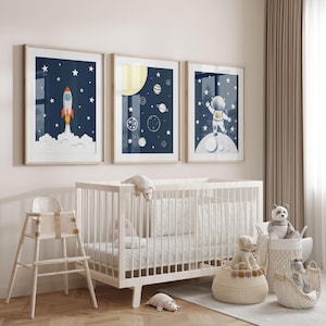 Stampe da parete per cameretta a tema spaziale, stampe da parete con astronauti, decorazioni per cameretta a tema galassia, set di 3 stampe su tela a tema spaziale, decorazioni per cameretta per neonato