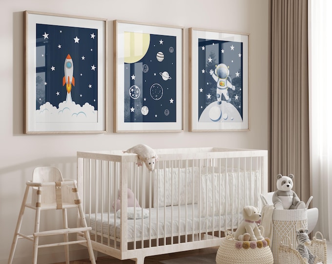 Space Nursery Wall Art Prints, Kids Astronaut Wall Art, Galaxy Adventure Nursery Decor, Set of 3 Space Canvas Prints, Baby boy Nursery Decor