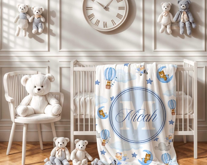Personalized Teddy Bear Baby Blanket: Soft Crib Blanket for boys
