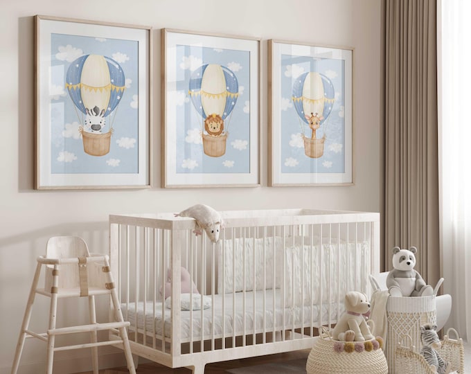 Animal Hot Air Balloon Nursery Art Prints, Blue Sky Nursery decor, zebra lion and giraffe, Safari Animal nursery prints, Set of 3 prints