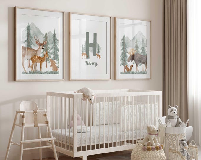Personalized Woodland Nursery Prints: Green Mountain Animal Art, Set of 3