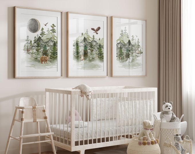 Mountain Nursery Wall Art Prints, Mountain Animal Nursery Prints, Woodland Nursery Posters, Set of 3 Canvas Prints, Green mountain Prints