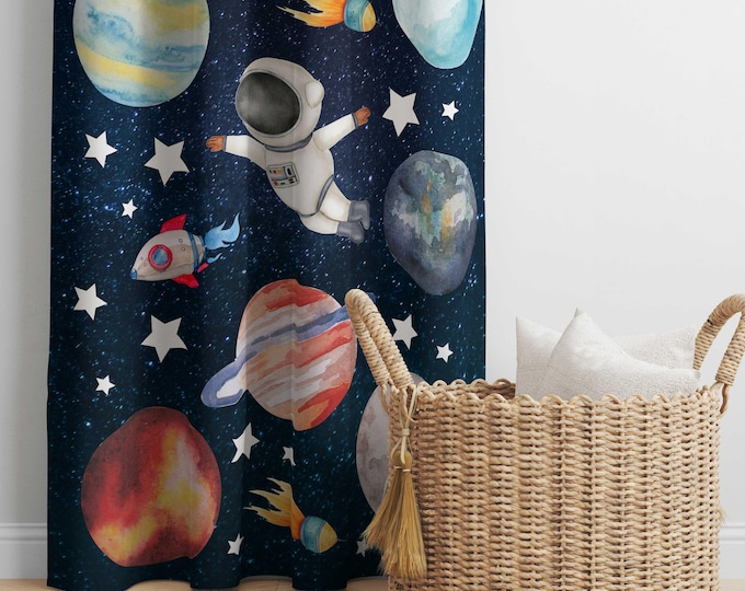 Space Adventure Window Curtain — Kids Astronaut Planets Galaxy Drapery